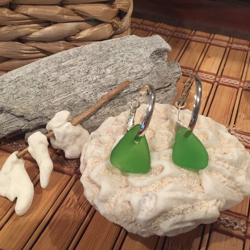 Emerald Green Sea Glass Hoop Earrings